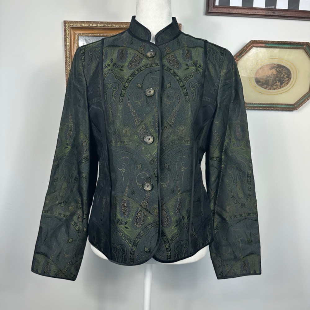 Jones‎ New York Green & Black Brocade Structured Silk Blend Jacket - SIZE 6P